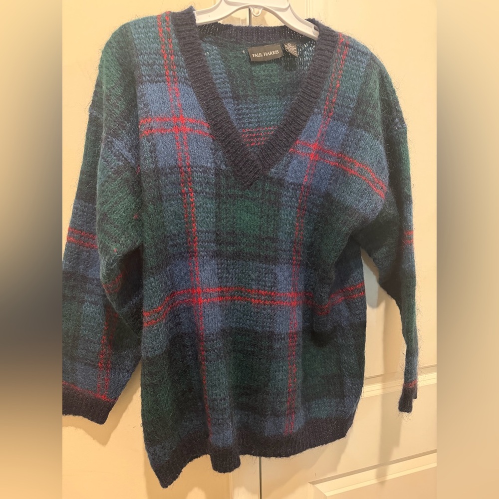 Paul Harris Vintage V-neck mohair-blend plaid sweater‎ Size L